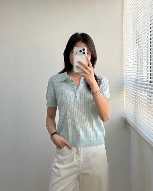扭紋針織polo top