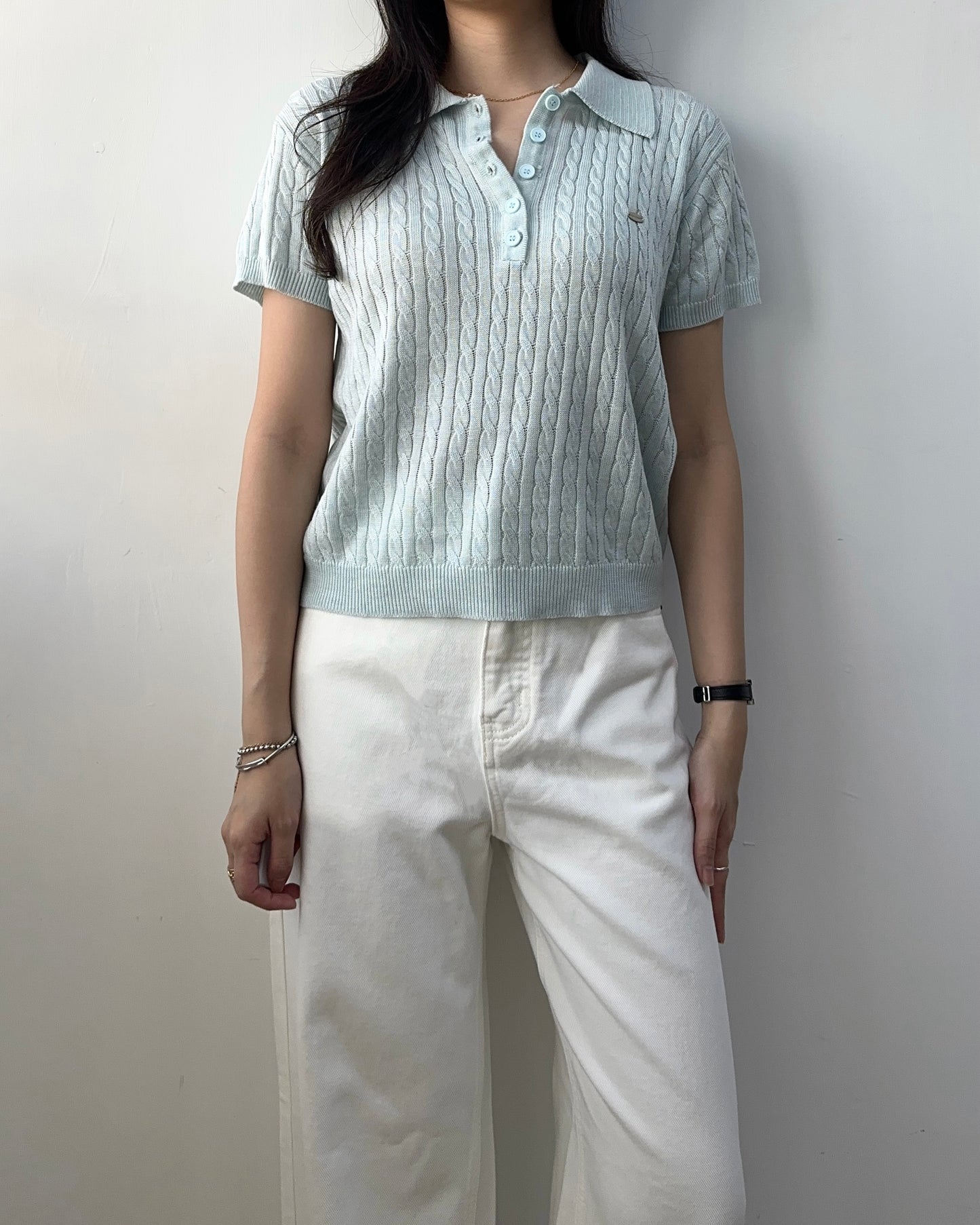 扭紋針織polo top