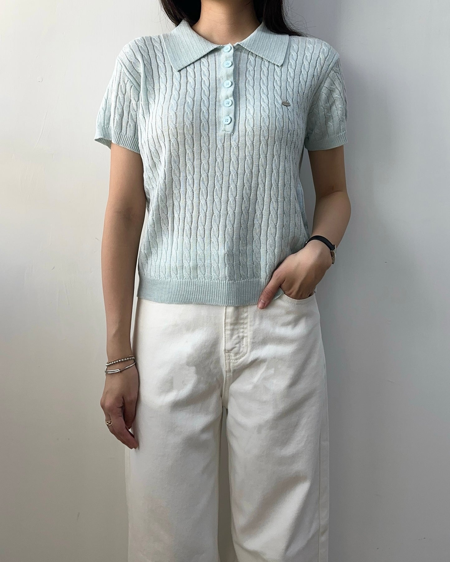 扭紋針織polo top