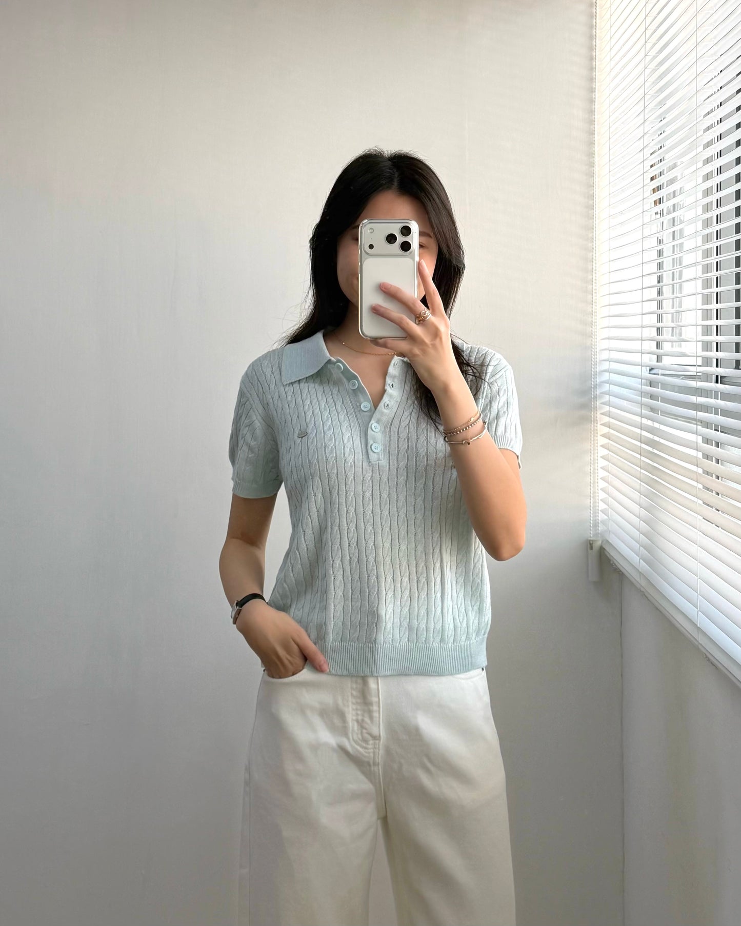 扭紋針織polo top