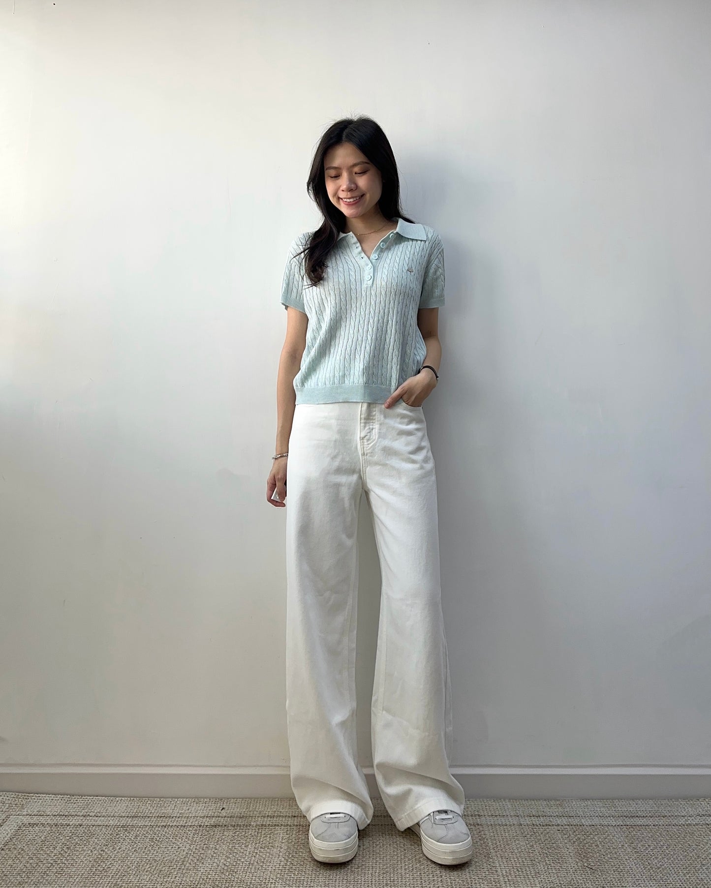 扭紋針織polo top