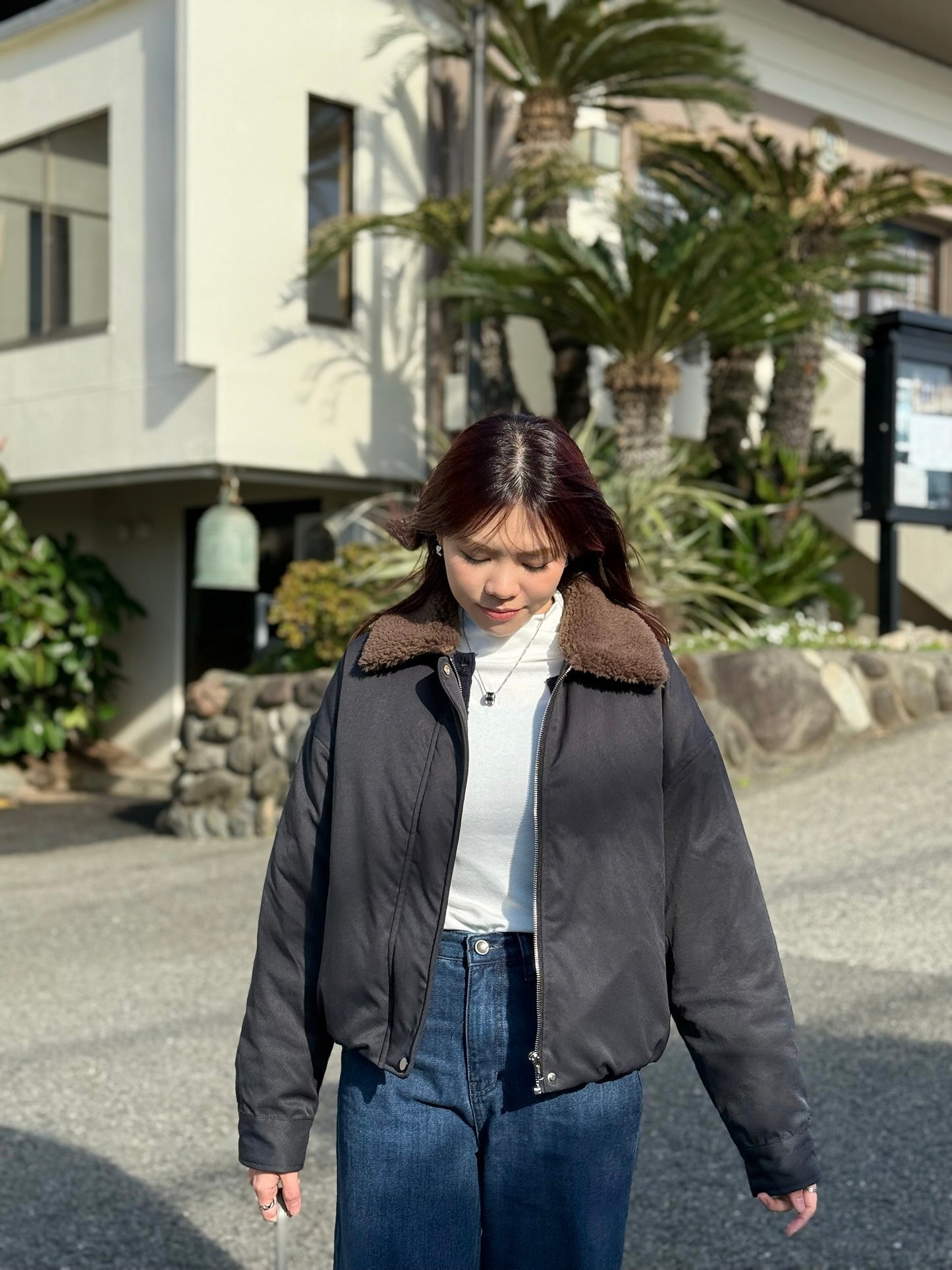 反領羊羔毛短羽絨