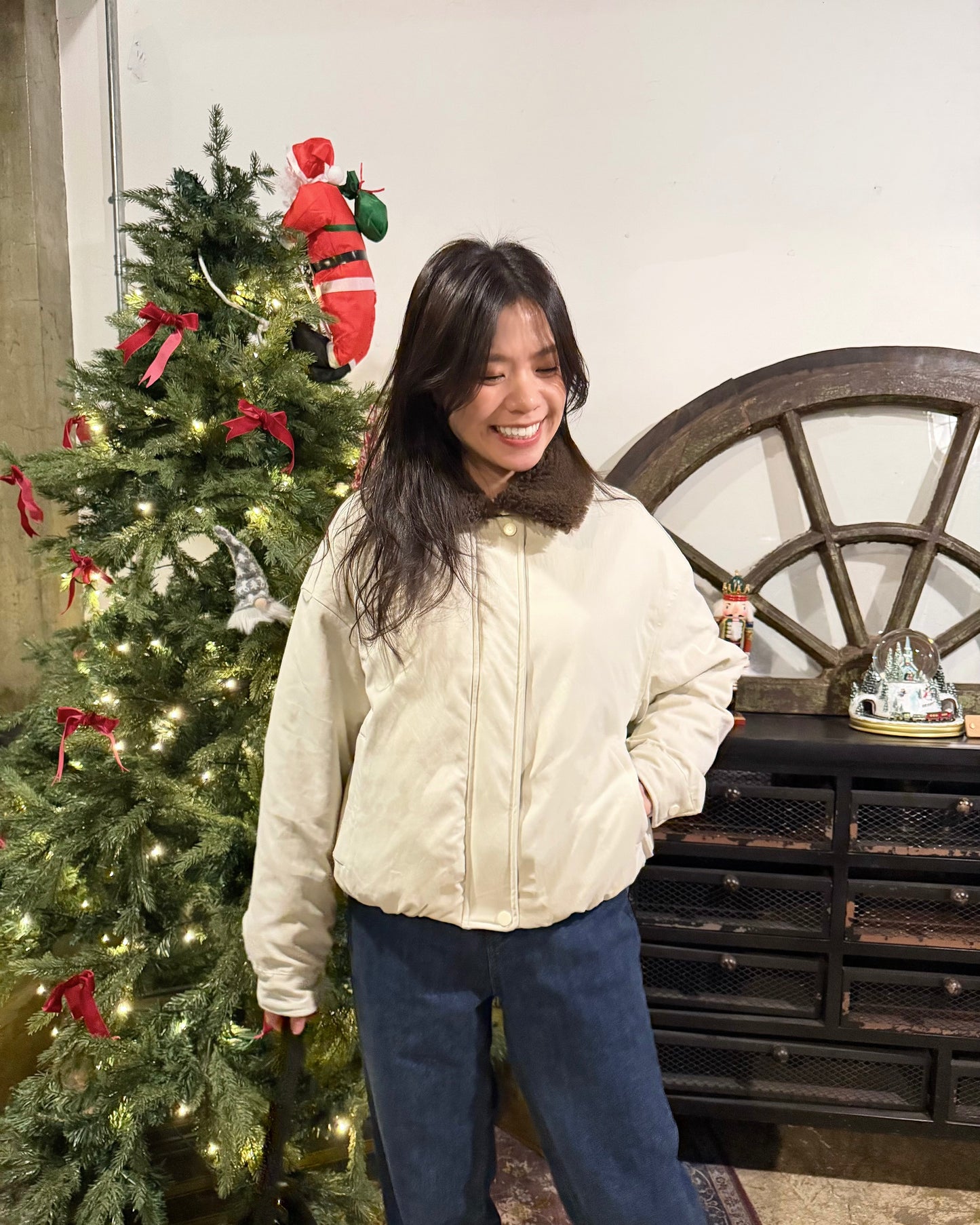 反領羊羔毛短羽絨