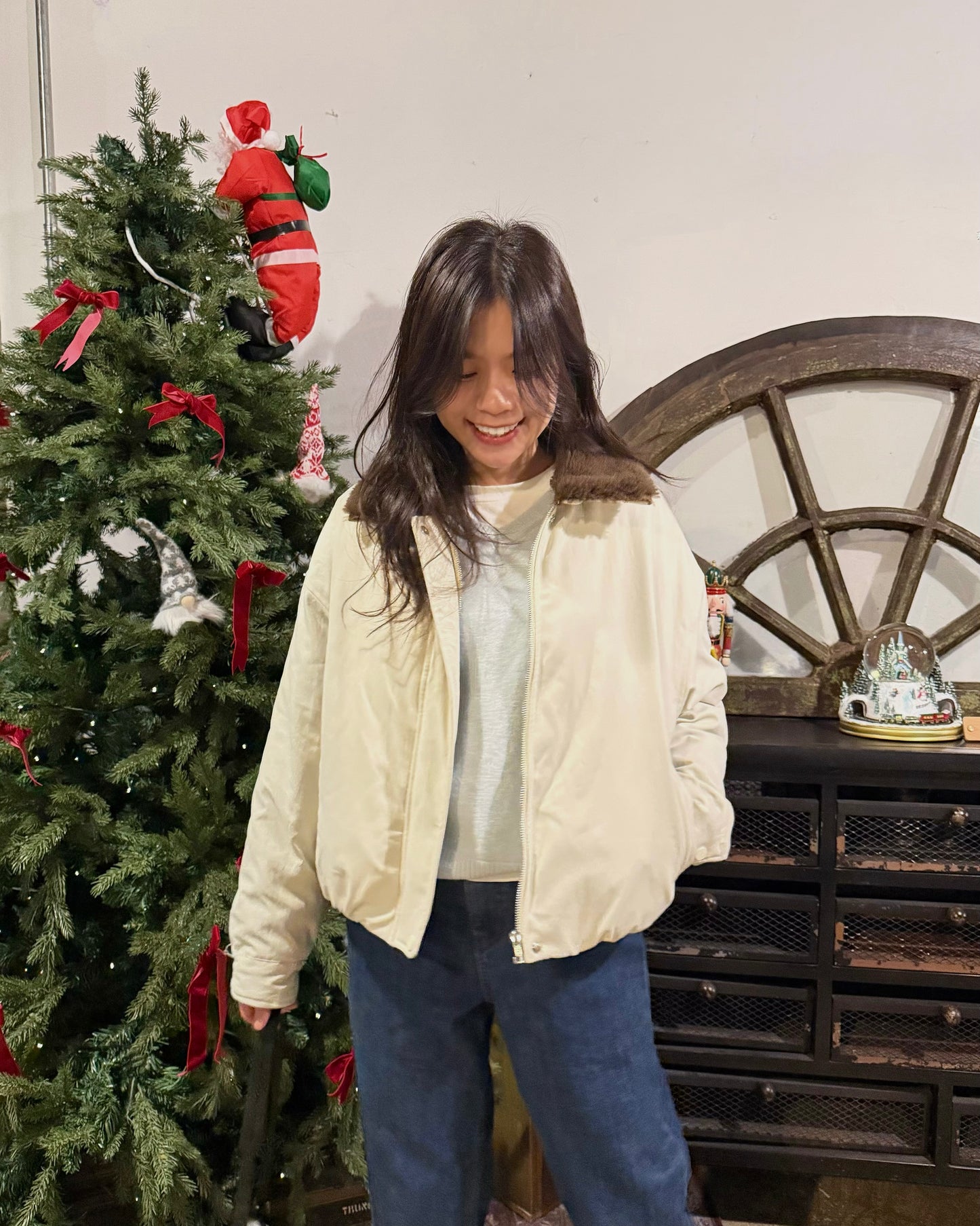 反領羊羔毛短羽絨