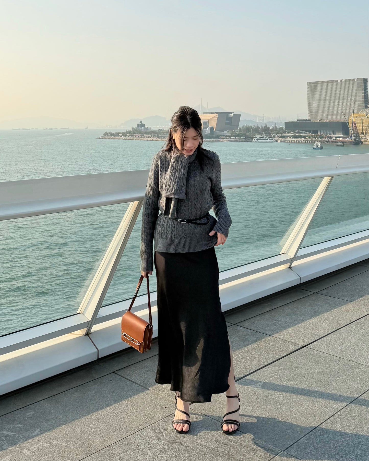 Embossed satin slit midi skirt