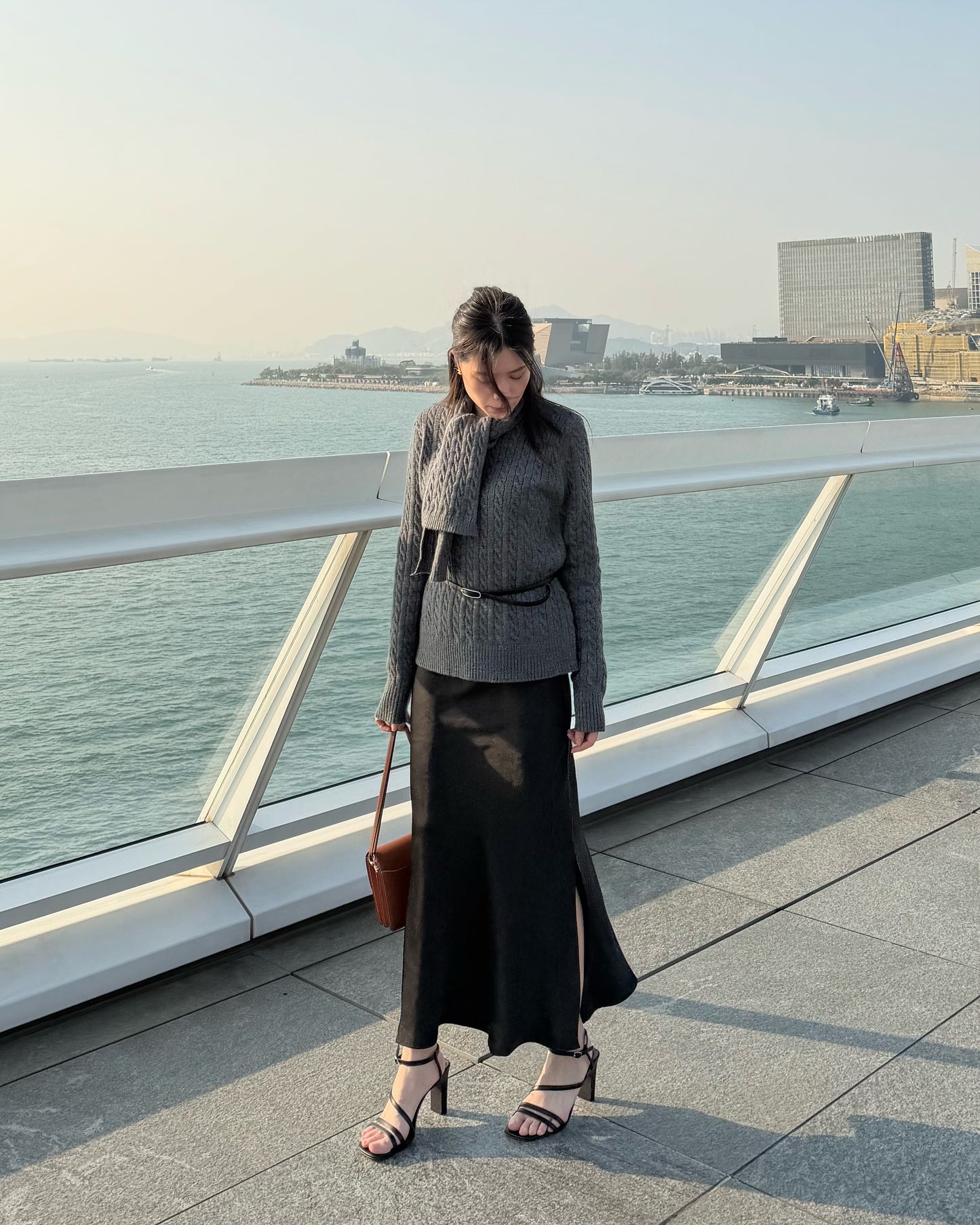 Embossed satin slit midi skirt