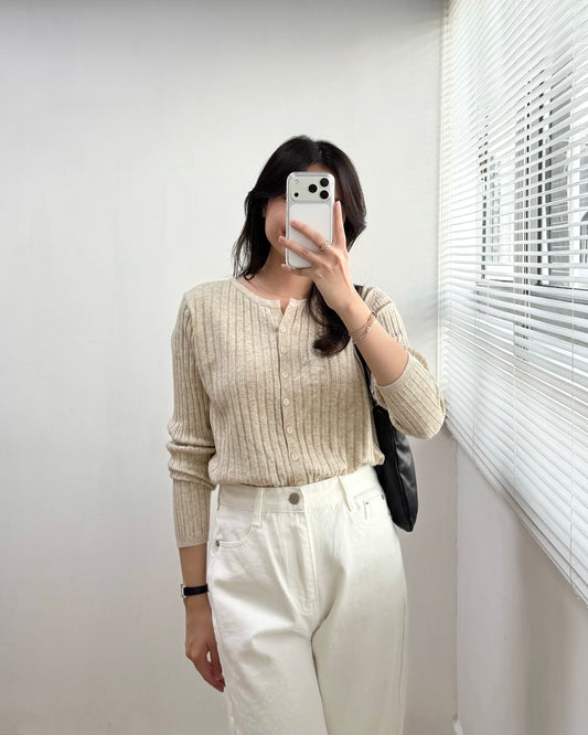 小V領直間條紋冷線Top